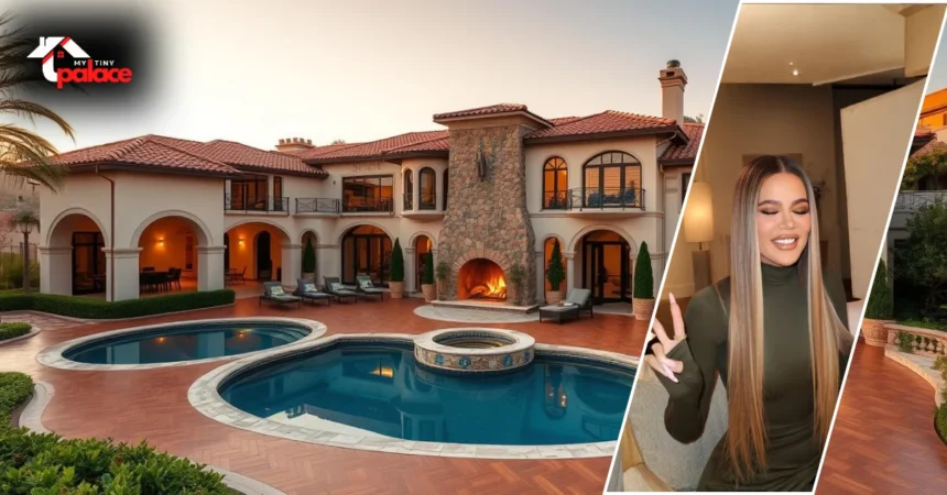 Image showing the Khloe Kardashian Hidden Hills House with the house in the background and the owner’s framed portrait at the front.