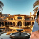 Image showing the Kylie Jenner House Hidden Hills Address with the large modern mansion in the background and Kylie Jenner’s framed portrait placed at the front.