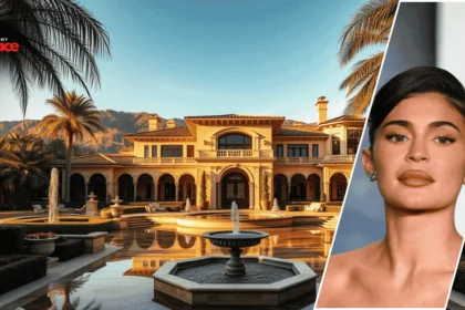 Image showing the Kylie Jenner House Hidden Hills Address with the large modern mansion in the background and Kylie Jenner’s framed portrait placed at the front.