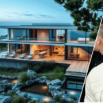Image showing the Michael Rubin Hamptons house with the modern beachfront home in the background and a framed portrait of Michael Rubin at the front.