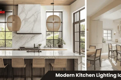 Bright modern kitchen featuring multiple modern kitchen lighting ideas including pendant lights over island and under-cabinet LED strips