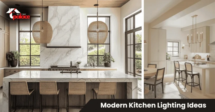 Bright modern kitchen featuring multiple modern kitchen lighting ideas including pendant lights over island and under-cabinet LED strips