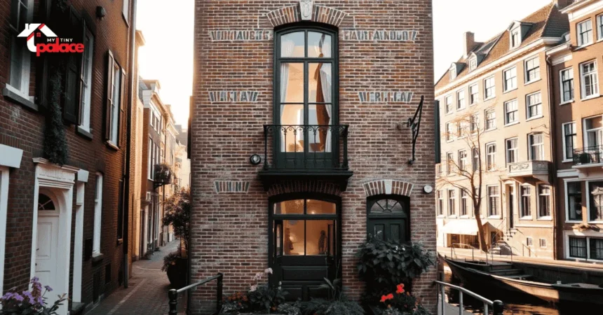 Image showing the most narrow house in Amsterdam with the narrow building in the background and the framed portrait of the owner displayed at the front.