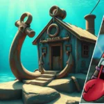 Image showing the Mr Krabs House Inside with the anchor-shaped home in the background and Mr. Krabs’ framed portrait placed at the front.