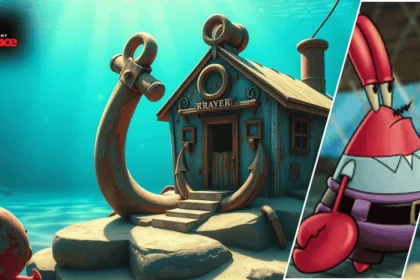 Image showing the Mr Krabs House Inside with the anchor-shaped home in the background and Mr. Krabs’ framed portrait placed at the front.