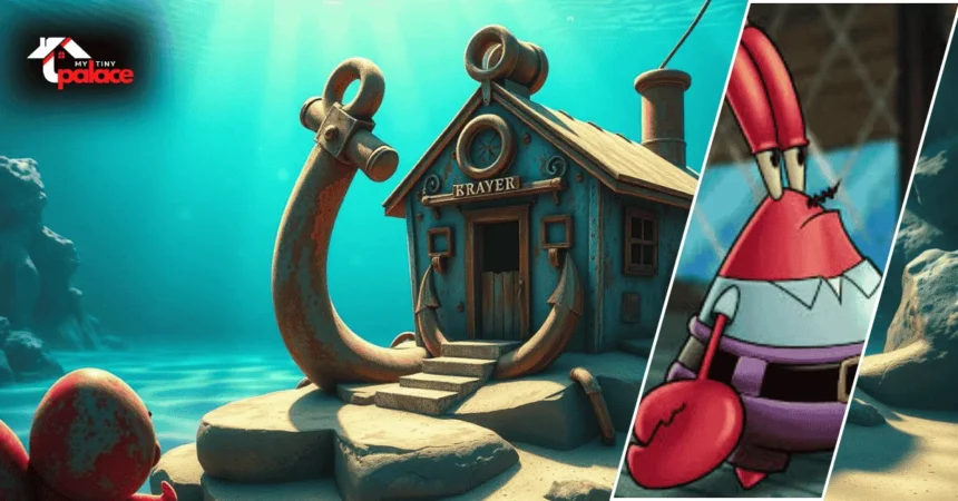 Image showing the Mr Krabs House Inside with the anchor-shaped home in the background and Mr. Krabs’ framed portrait placed at the front.