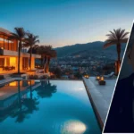 An image of the ted sarandos house with the modern home in the background and a framed portrait of Ted Sarandos placed at the front.