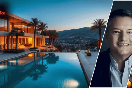 An image of the ted sarandos house with the modern home in the background and a framed portrait of Ted Sarandos placed at the front.