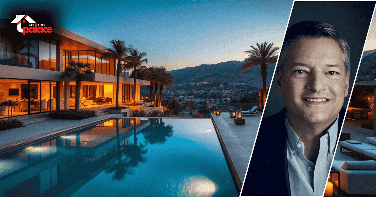 An image of the ted sarandos house with the modern home in the background and a framed portrait of Ted Sarandos placed at the front.