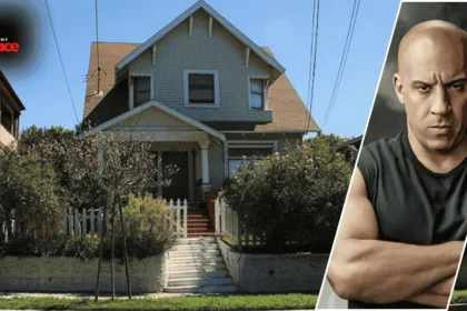 A view of the Toretto House Los Angeles showing the classic white home in Echo Park with a framed portrait of Dominic Toretto in the foreground.