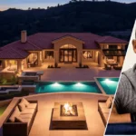 Image showing the Wilmer Valderrama house with the Spanish-style villa in the background and a framed portrait of Wilmer Valderrama displayed at the front.