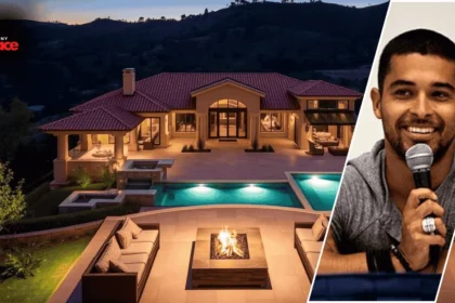 Image showing the Wilmer Valderrama house with the Spanish-style villa in the background and a framed portrait of Wilmer Valderrama displayed at the front.