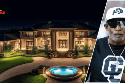 Image showing the deion sanders house prosper tx with the large home in the background and a framed portrait of the owner placed at the front.