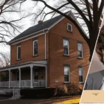 Image showing the house gertrude baniszewski with the modest home in the background and a framed portrait of the former owner placed at the front.