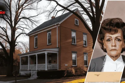 Image showing the house gertrude baniszewski with the modest home in the background and a framed portrait of the former owner placed at the front.
