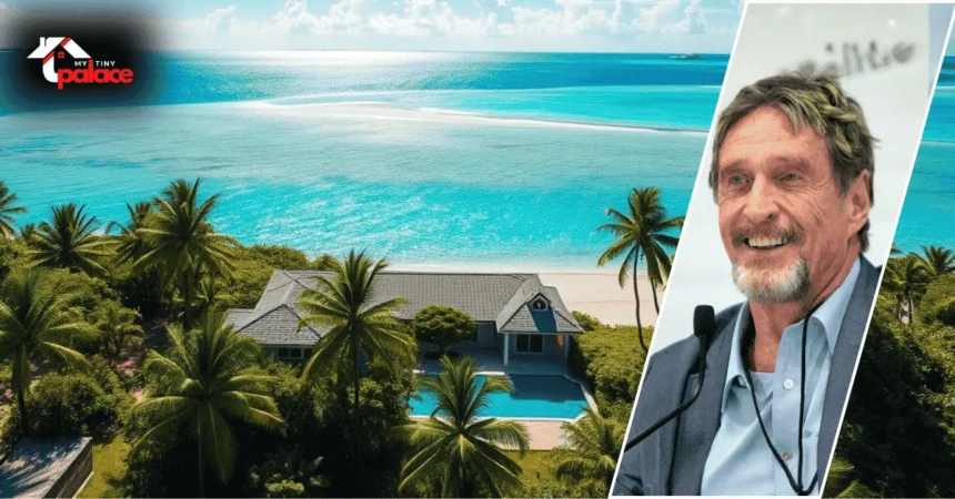 Image showing the john mcafee belize house with the tropical-style home in the background and a framed portrait of John McAfee placed prominently in the foreground.