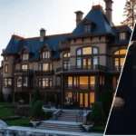 Image showing the tahoe godfather house with the rustic home set against Lake Tahoe in the background and a framed portrait of the associated owner placed in the foreground.