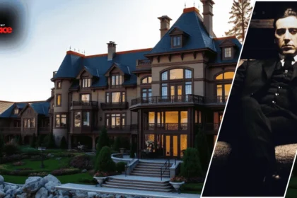 Image showing the tahoe godfather house with the rustic home set against Lake Tahoe in the background and a framed portrait of the associated owner placed in the foreground.