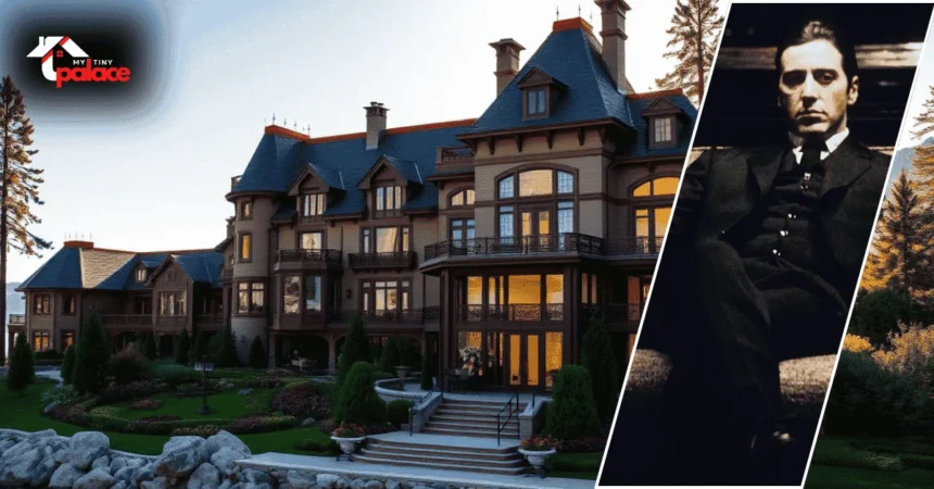 Image showing the tahoe godfather house with the rustic home set against Lake Tahoe in the background and a framed portrait of the associated owner placed in the foreground.