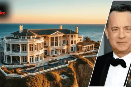 Image showing the tom hanks house palisades with the home in the background and a framed portrait of the owner placed at the front.