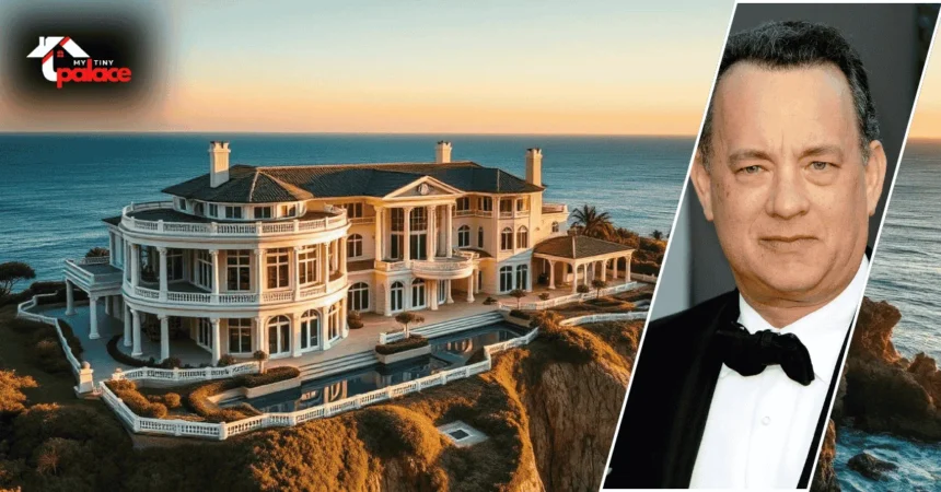 Image showing the tom hanks house palisades with the home in the background and a framed portrait of the owner placed at the front.