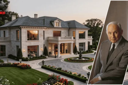 An exterior view of the les wexner house ohio with the large estate in the background and a framed portrait of Les Wexner displayed at the front