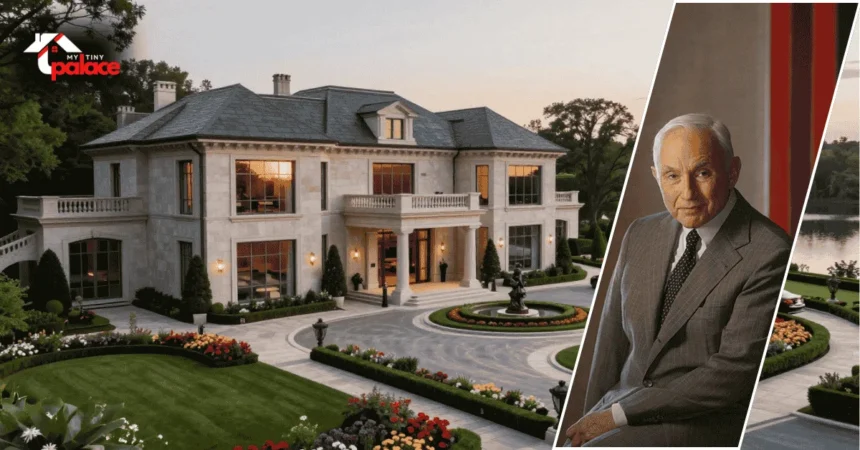 An exterior view of the les wexner house ohio with the large estate in the background and a framed portrait of Les Wexner displayed at the front