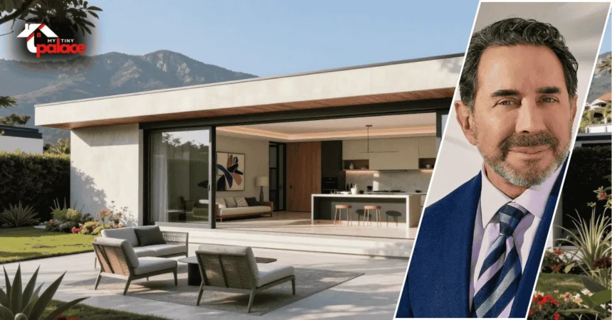 Image of the paul nassif house showing the exterior of the home in the background with a framed portrait of Paul Nassif displayed at the front