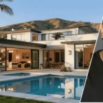 Image showing the chris brown tarzana house with the residence in the background and a framed portrait of Chris Brown displayed at the front