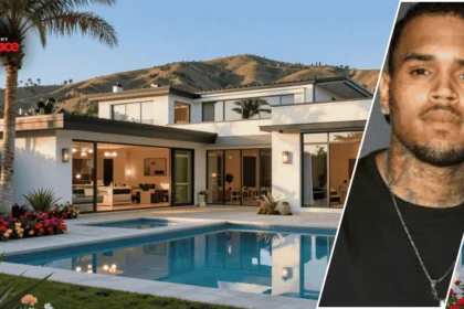 Image showing the chris brown tarzana house with the residence in the background and a framed portrait of Chris Brown displayed at the front