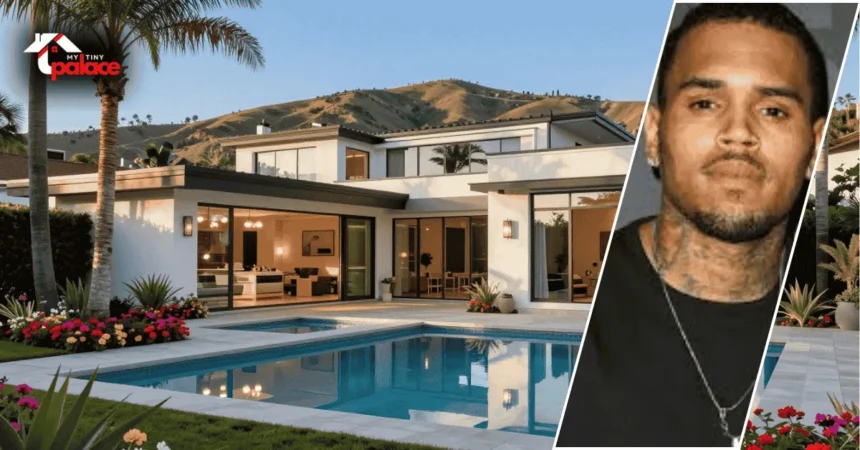 Image showing the chris brown tarzana house with the residence in the background and a framed portrait of Chris Brown displayed at the front