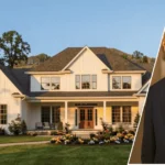 An exterior view of the dan cathy house with the residence in the background and a framed portrait of Dan Cathy displayed at the front
