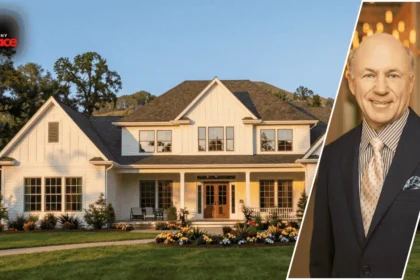 An exterior view of the dan cathy house with the residence in the background and a framed portrait of Dan Cathy displayed at the front