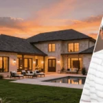 An exterior view of the deion sanders house prosper with the large Prosper Texas home in the background and a framed portrait of Deion Sanders at the front