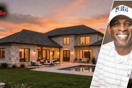 An exterior view of the deion sanders house prosper with the large Prosper Texas home in the background and a framed portrait of Deion Sanders at the front