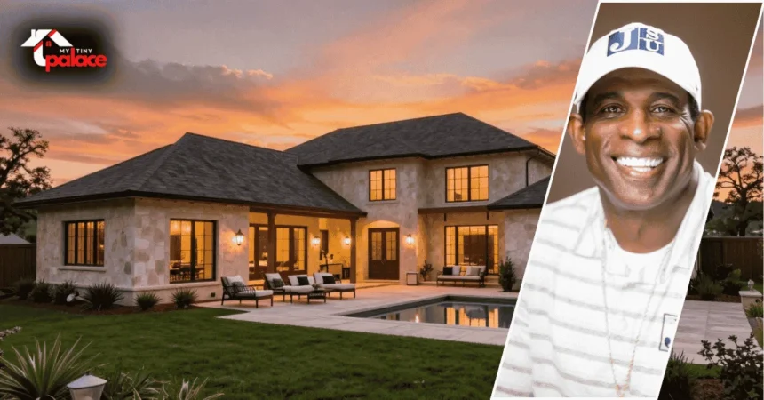 An exterior view of the deion sanders house prosper with the large Prosper Texas home in the background and a framed portrait of Deion Sanders at the front