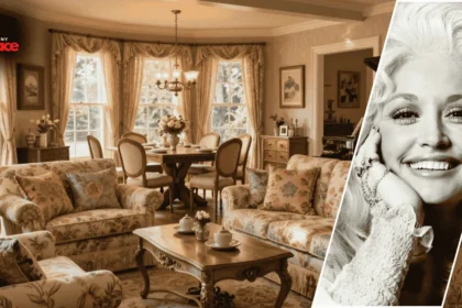 Image showing the dolly parton house brentwood with the residence in the background and a framed portrait of Dolly Parton displayed at the front