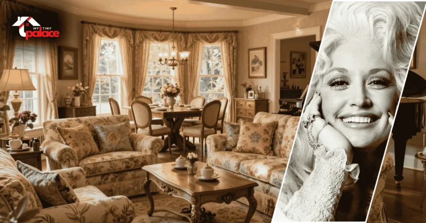 Image showing the dolly parton house brentwood with the residence in the background and a framed portrait of Dolly Parton displayed at the front