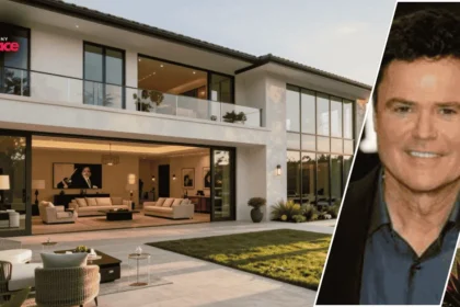 Image of the donny osmond house with the residence in the background and a framed portrait of Donny Osmond displayed at the front of the scene