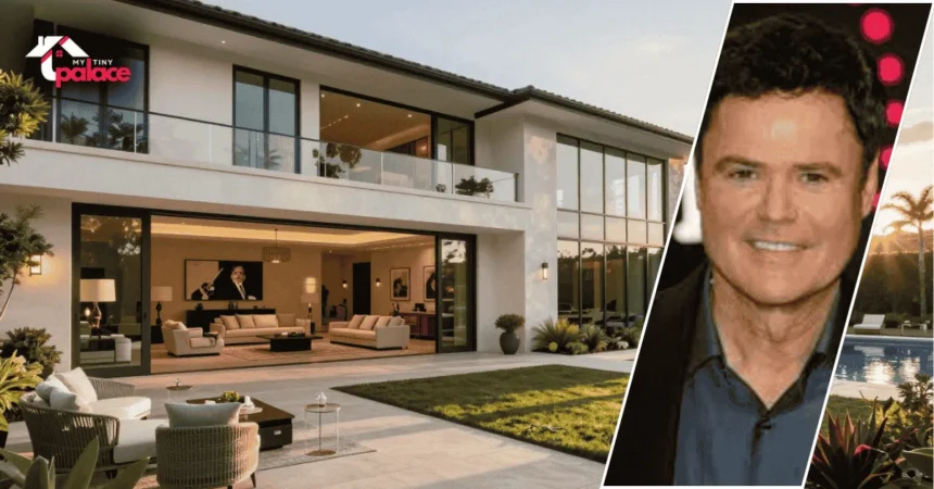 Image of the donny osmond house with the residence in the background and a framed portrait of Donny Osmond displayed at the front of the scene