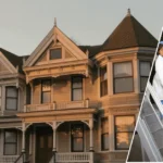 An exterior view of the grey's anatomy house seattle with the house in the background and a framed portrait of the main character displayed at the front