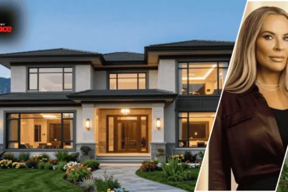 Image of the heather gay house with the residence in the background and a framed portrait of Heather Gay displayed at the front of the scene