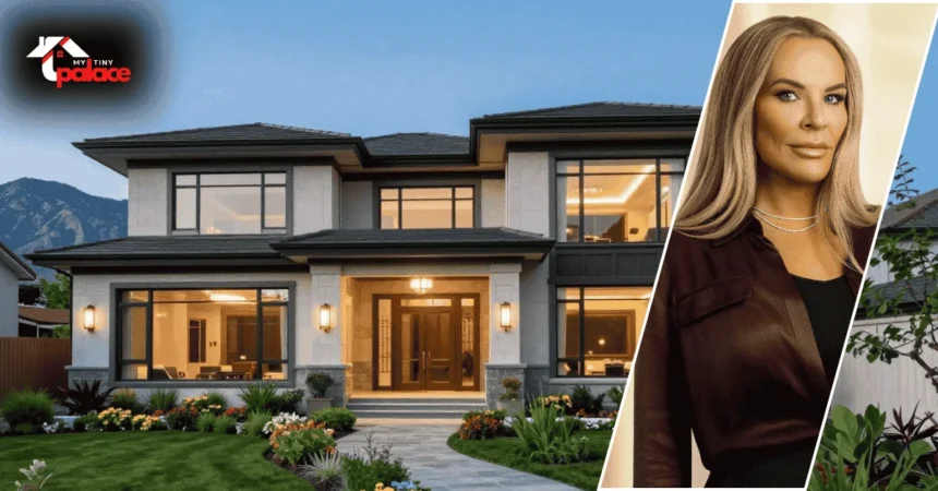 Image of the heather gay house with the residence in the background and a framed portrait of Heather Gay displayed at the front of the scene