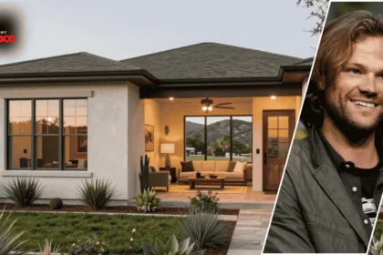 Image showing the jared padalecki housefirm with the home in the background and a framed portrait of Jared Padalecki displayed at the front.