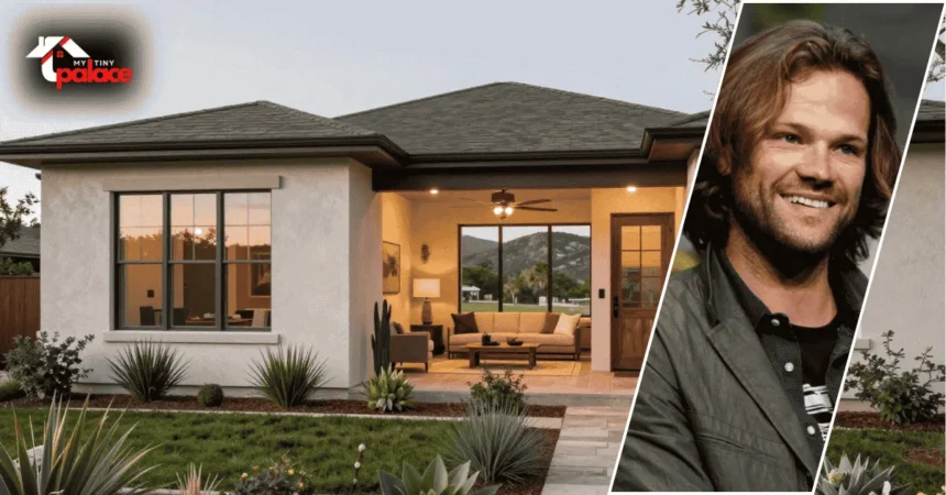 Image showing the jared padalecki housefirm with the home in the background and a framed portrait of Jared Padalecki displayed at the front.