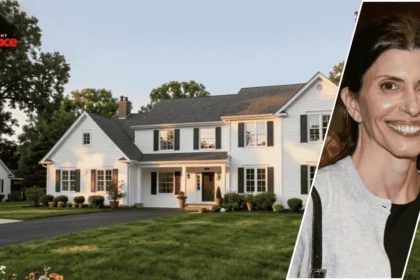 The jennifer dulos house shown from the exterior with the home in the background and a framed portrait of Jennifer Dulos displayed at the front.