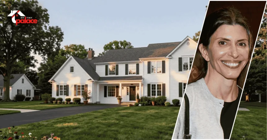 The jennifer dulos house shown from the exterior with the home in the background and a framed portrait of Jennifer Dulos displayed at the front.