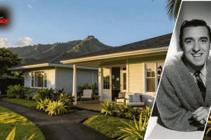 Image of the jim nabors house showing the exterior of the home in the background with a framed portrait of Jim Nabors displayed at the front entrance
