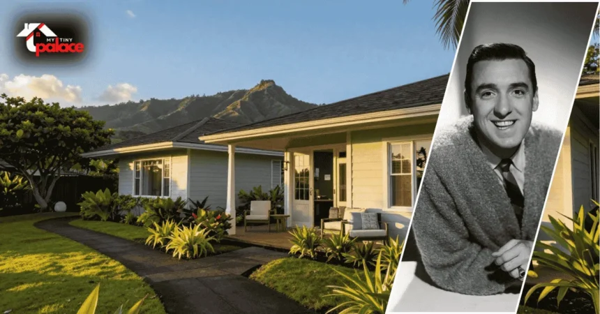 Image of the jim nabors house showing the exterior of the home in the background with a framed portrait of Jim Nabors displayed at the front entrance