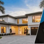 Image showing the kiran patel house in tampa with the residence in the background and a framed portrait of Kiran Patel displayed at the front